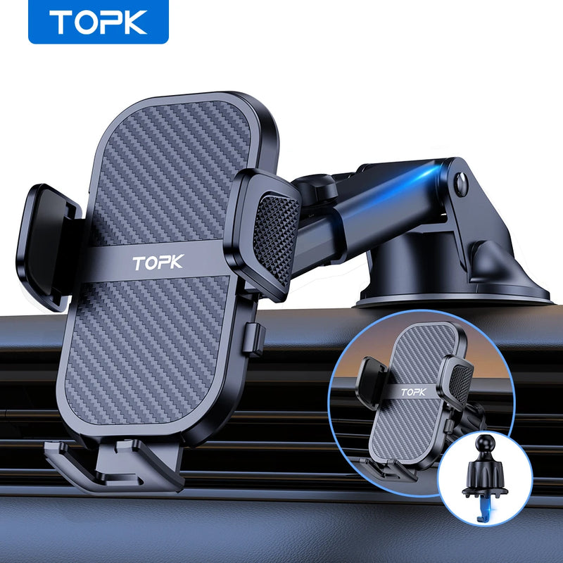 Suporte de telefone para carro TOPK Suporte de telefone para carro super estável para painel do carro/pára-brisas/ventilação de ar compatível com todos os telefones celulares