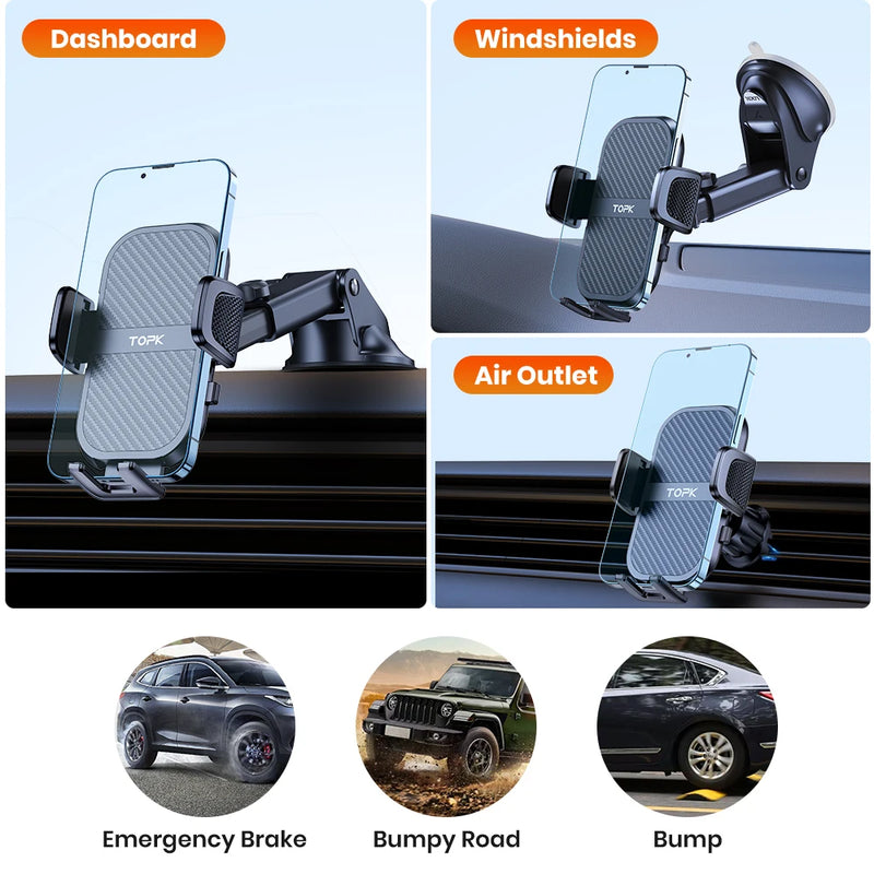 Suporte de telefone para carro TOPK Suporte de telefone para carro super estável para painel do carro/pára-brisas/ventilação de ar compatível com todos os telefones celulares